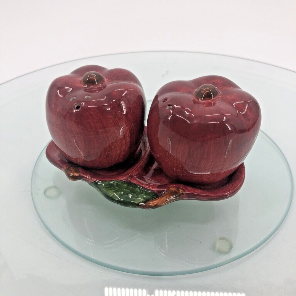 Vintage WCL Ceramic Red Apples Salt & Pepper Shakers Tray Plate 2"